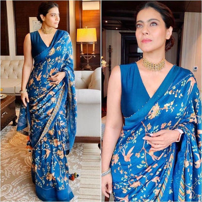 Blue chinon silk printed moti border saree