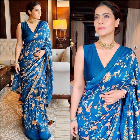 Blue chinon silk printed moti border saree