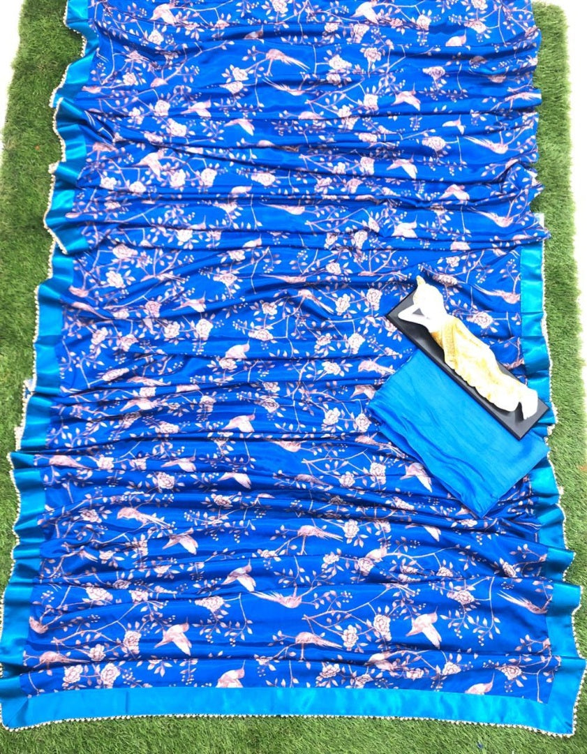 Blue chinon silk printed moti border saree
