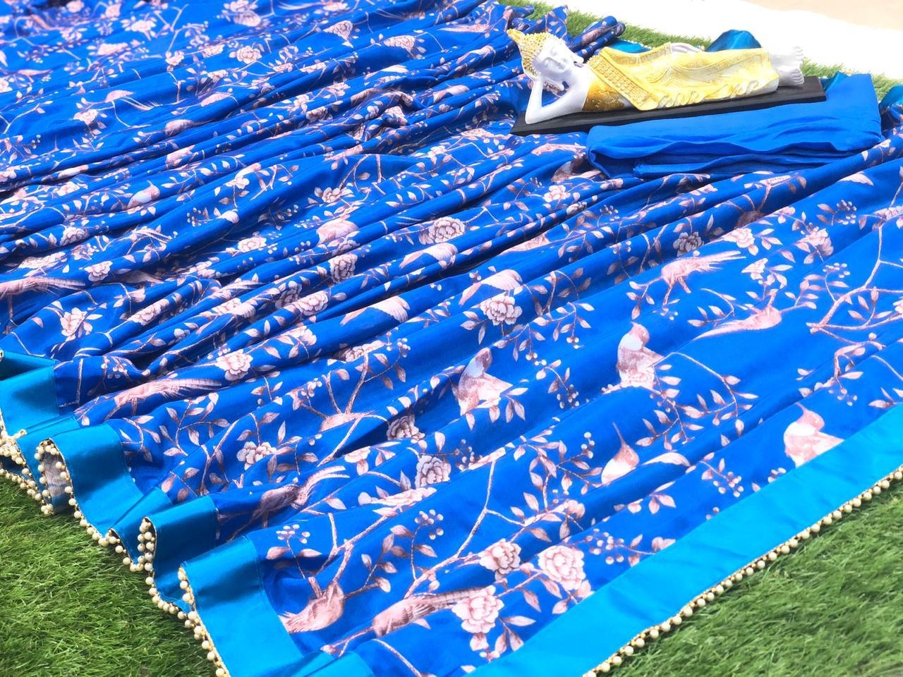 Blue chinon silk printed moti border saree