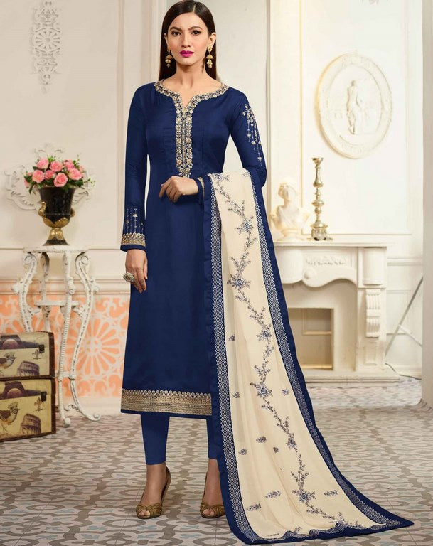 Blue Colored Georgette & Satin Digital Zari & Resham Embroidered Semi Stitched Salwar Suit