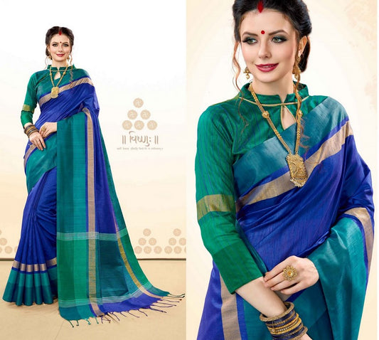 Blue Colored Khadi Cotton Silk Weaving Work Saree