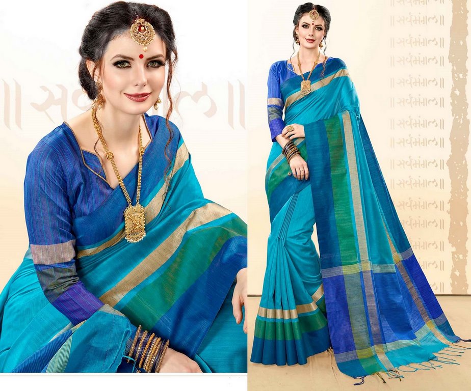 Blue Colored Khadi Cotton Silk Weaving Work Saree