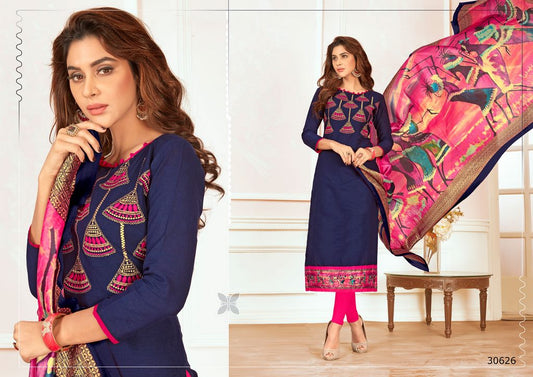 Blue Colored Salab cotton Thread Work & Digital Printed Un-Stitched Dress Material