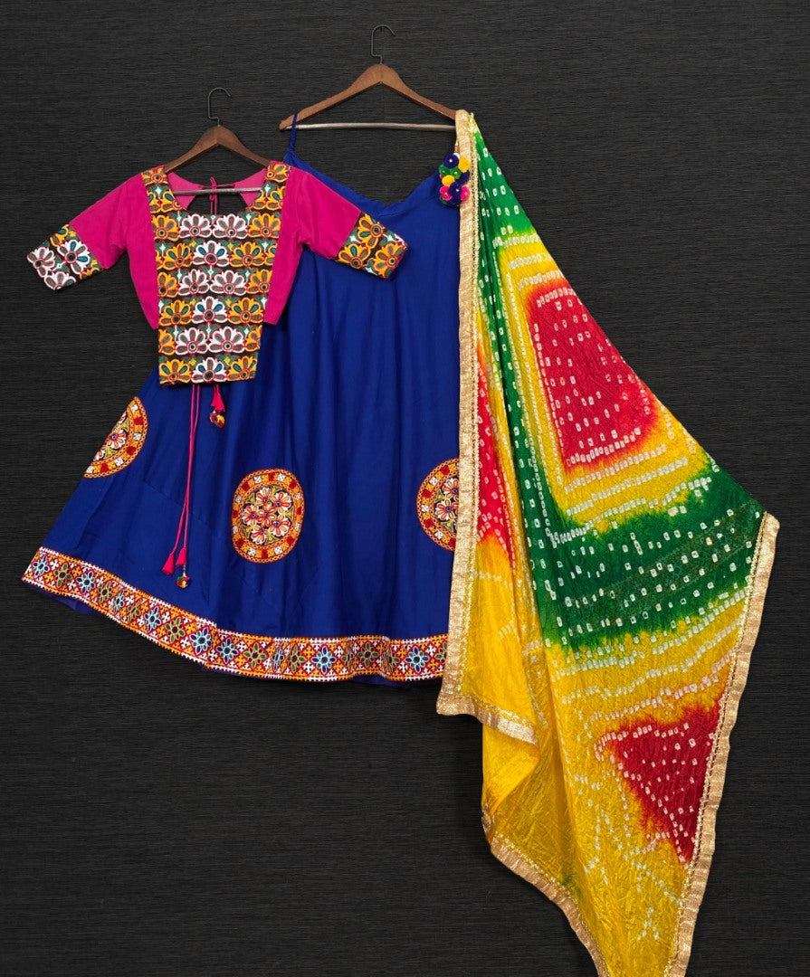 Blue cotton embroidery and aari work navratri special lehenga choli