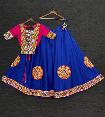 Blue cotton embroidery and aari work navratri special lehenga choli