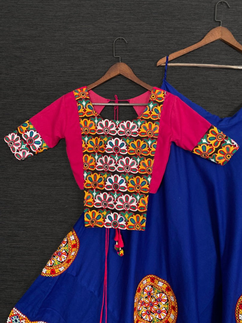 Blue cotton embroidery and aari work navratri special lehenga choli