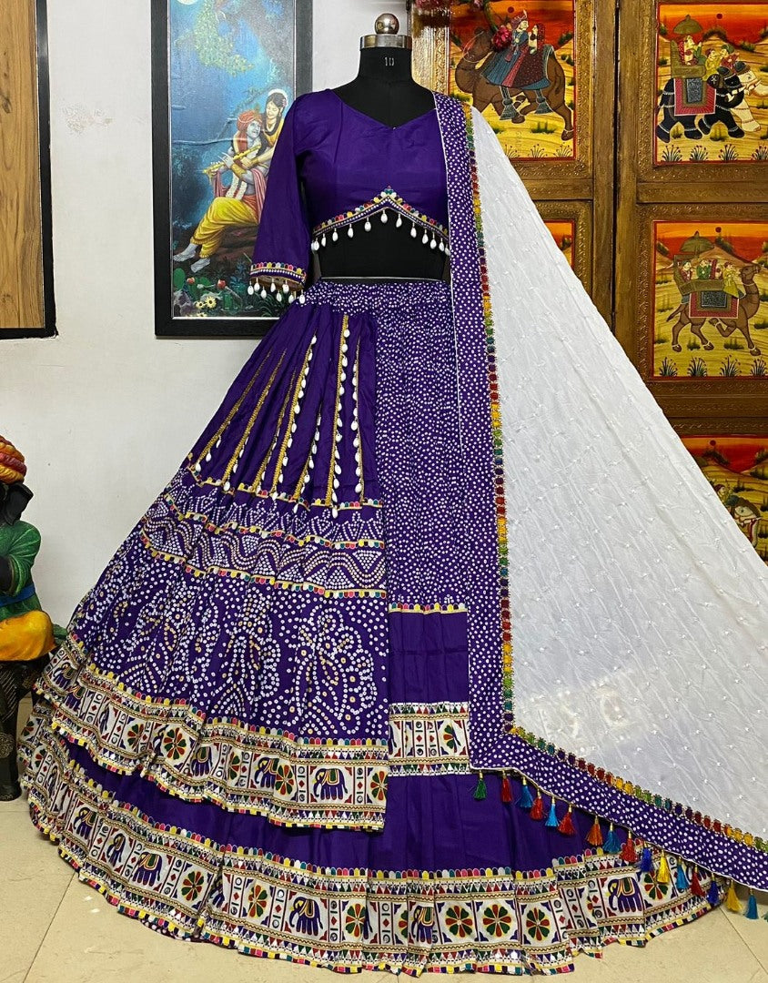 Blue cotton print and mirror hand work gujarati garba navratri lehenga chaniya choli