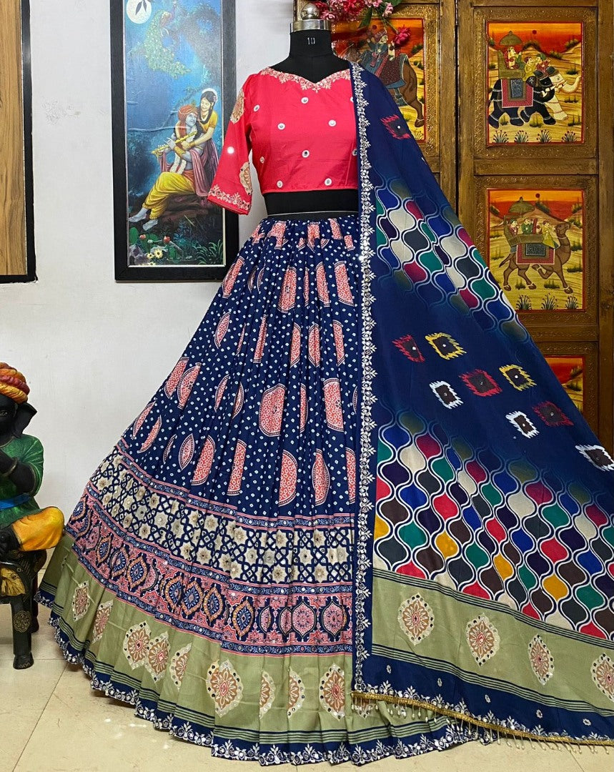 Blue cotton print and mirror work gujarati garba navratri lehenga chaniya choli