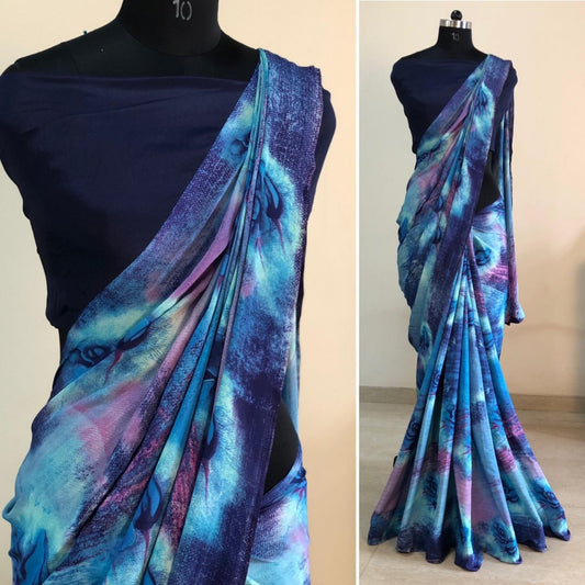 blue crap silk multicolor printed casual saree