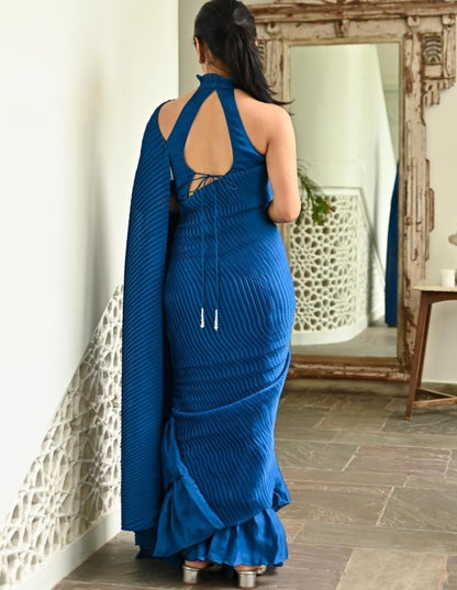 Blue crushed japan satin party wear ruffle saree