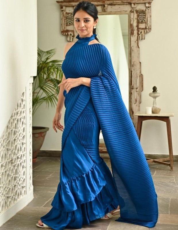 Blue crushed japan satin party wear ruffle saree