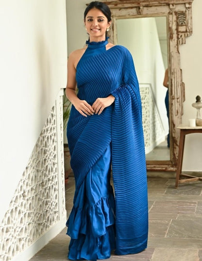 Blue crushed japan satin party wear ruffle saree