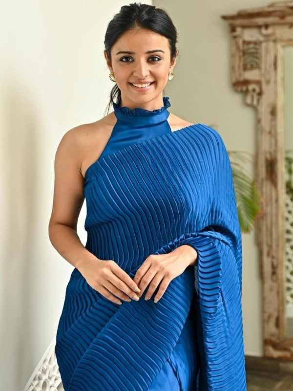 Blue crushed japan satin party wear ruffle saree