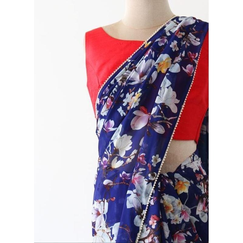 Blue digital floral printed pearl lace saree