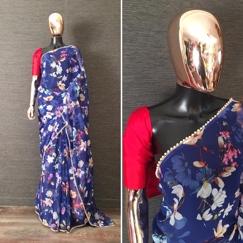 Blue digital floral printed pearl lace saree
