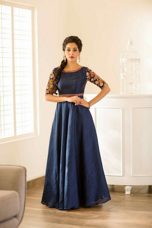 blue embroidered blanglori silk anarkali suit