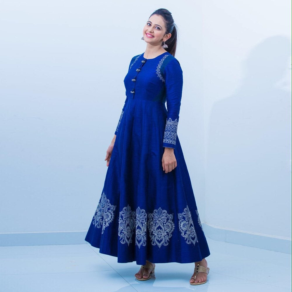 blue embroidered long kurti
