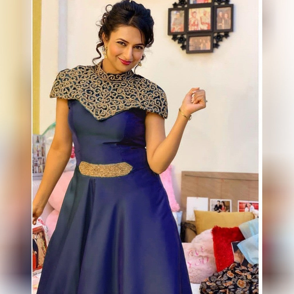 Blue embroidered long partywear gown