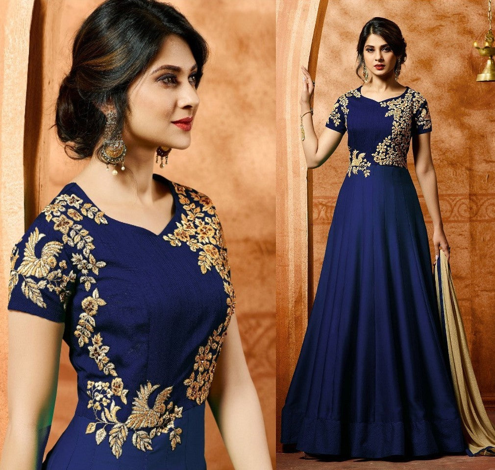 Blue faux georgette beautiful embroidered partywear gown
