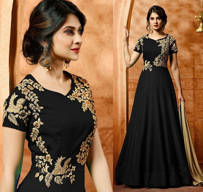 Blue faux georgette beautiful embroidered partywear gown