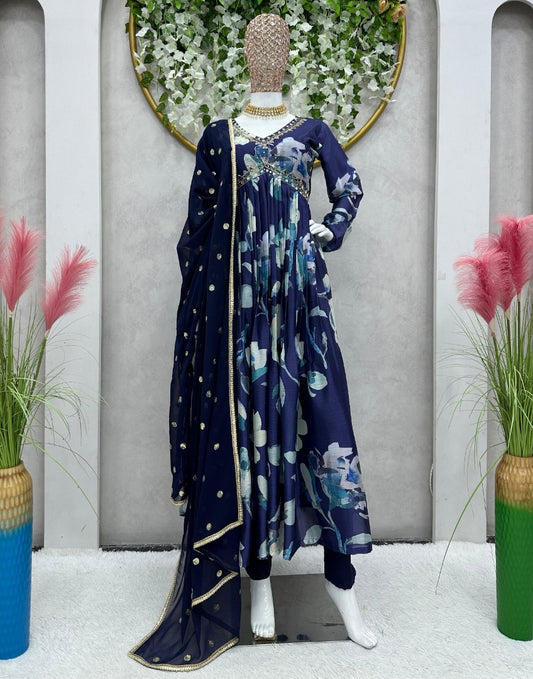 Blue floral print and handwork mirror work alia cut suit