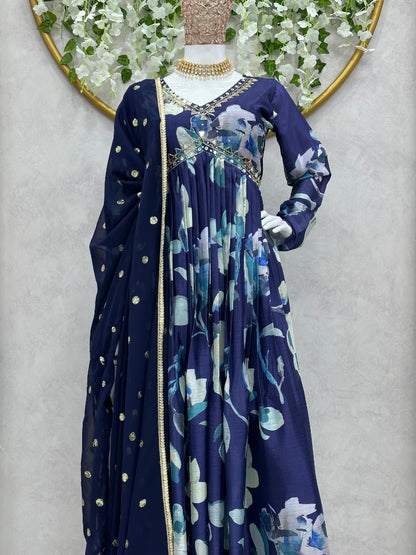 Blue floral print and handwork mirror work alia cut suit