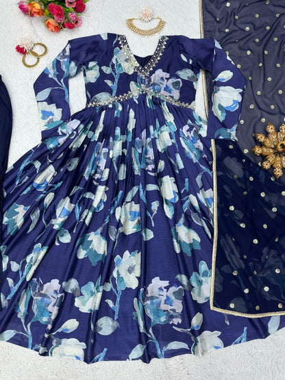 Blue floral print and handwork mirror work alia cut suit