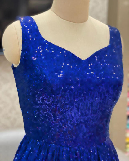 Blue full sequence work partywear gown
