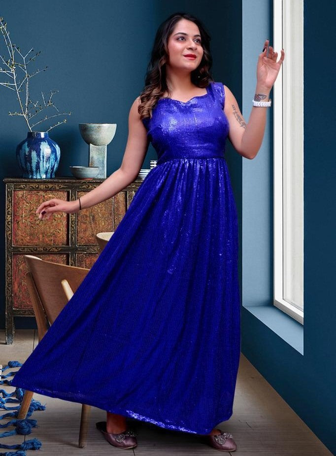 Blue full sequence work partywear gown