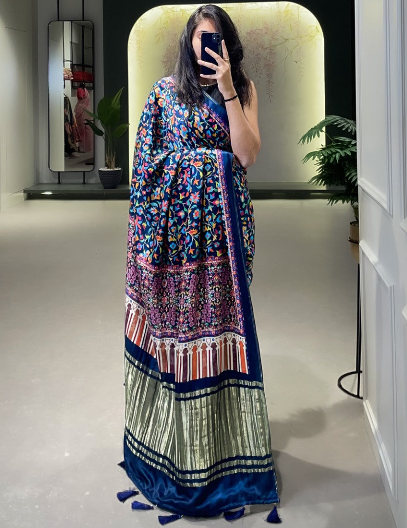 Blue gaji silk patola print saree