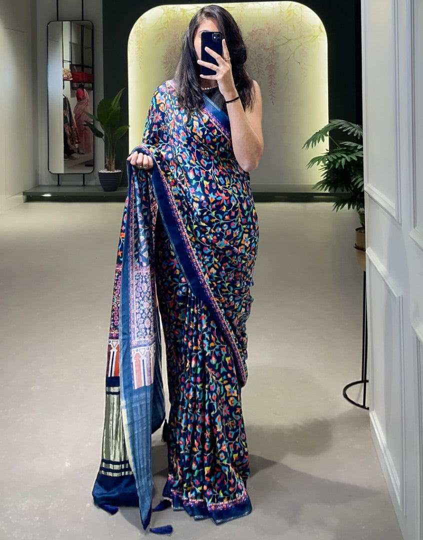 Blue gaji silk patola print saree