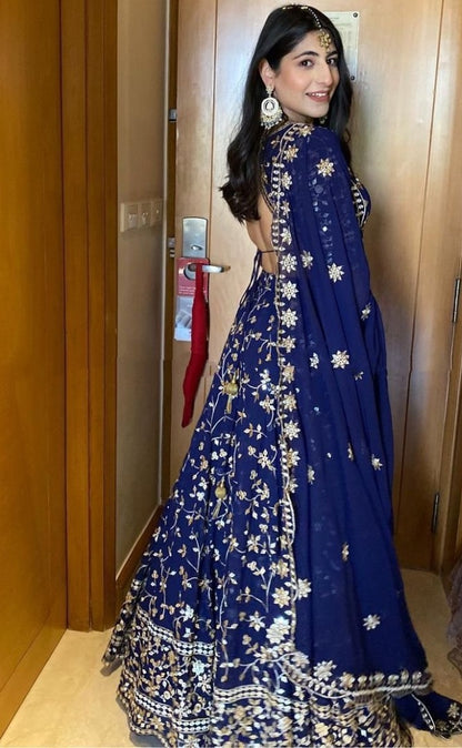 Blue geogette heavy sequence embroidered wedding lehenga choli
