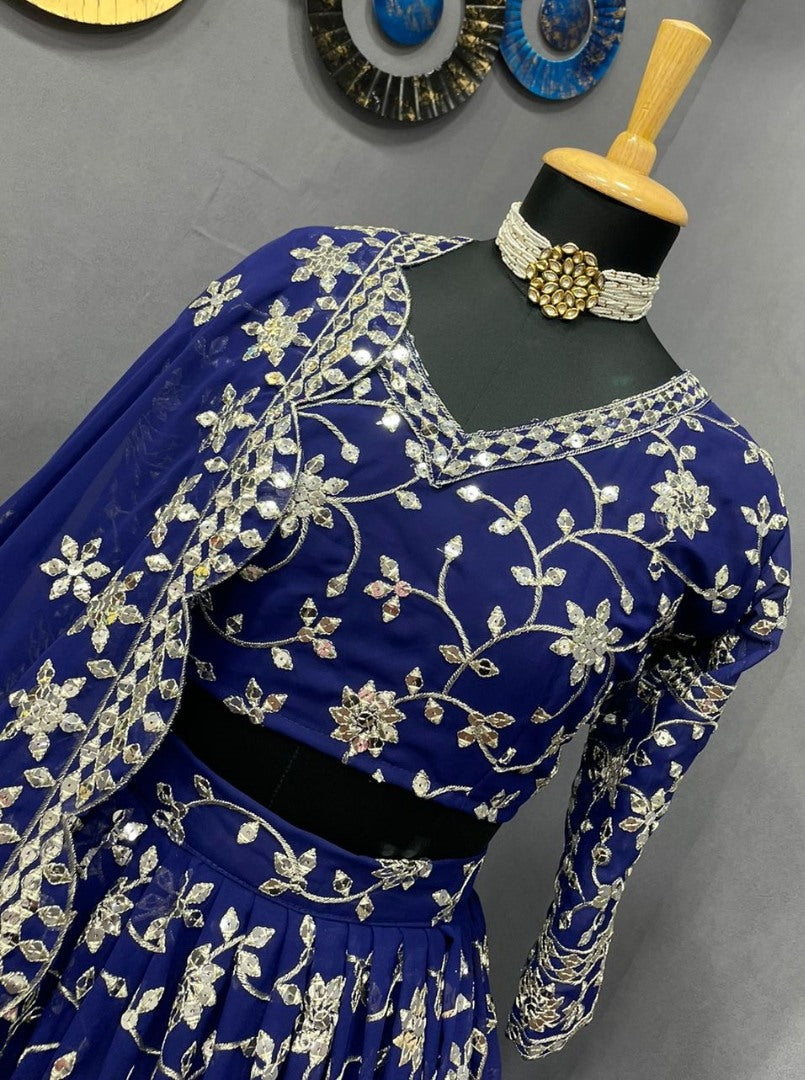 Blue geogette heavy sequence embroidered wedding lehenga choli
