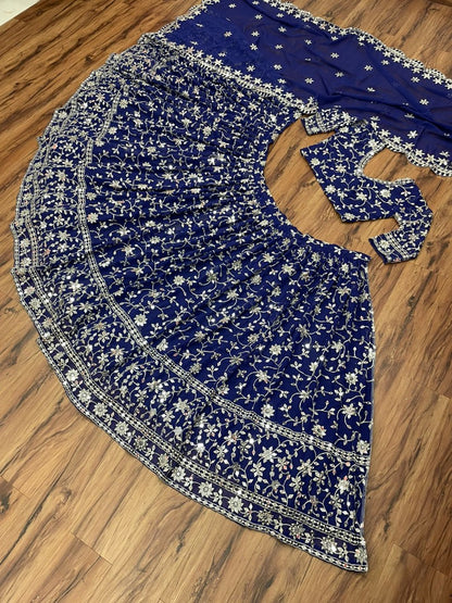 Blue geogette heavy sequence embroidered wedding lehenga choli