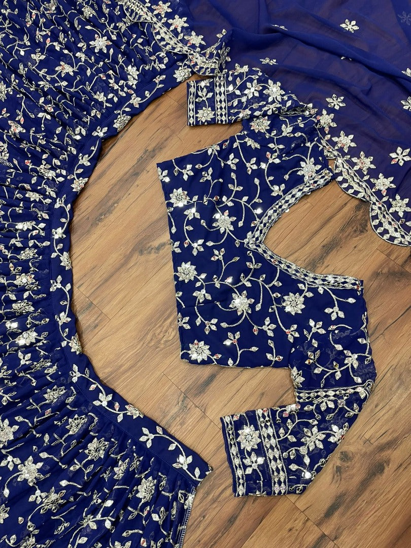 Blue geogette heavy sequence embroidered wedding lehenga choli