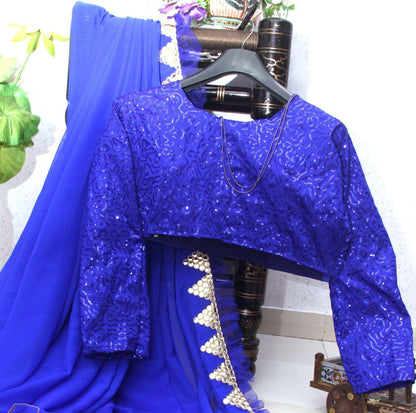 Blue georegette thread sequence and foil mirror work ruffle saree