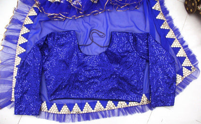 Blue georegette thread sequence and foil mirror work ruffle saree