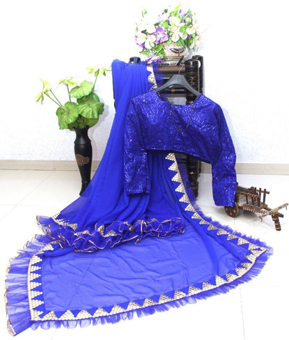 Blue georegette thread sequence and foil mirror work ruffle saree