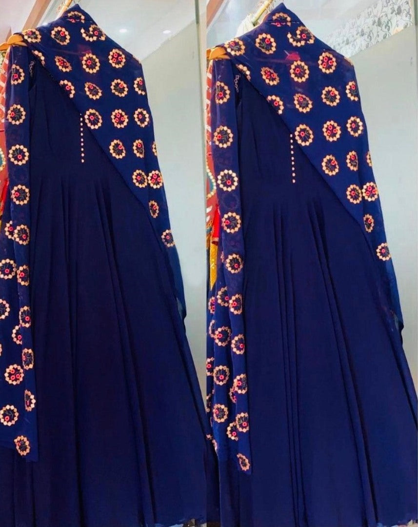 Blue georgette anarkali suit with heavy embroidered dupatta