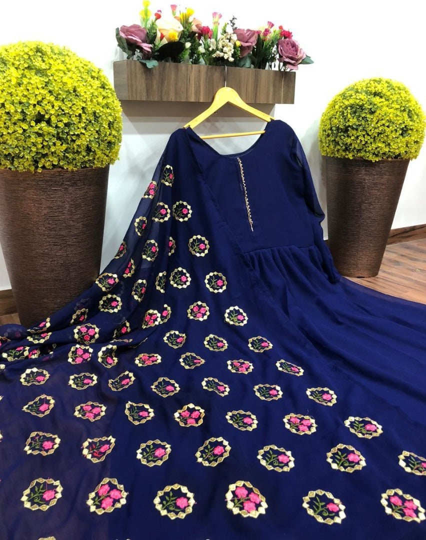 Blue georgette anarkali suit with heavy embroidered dupatta