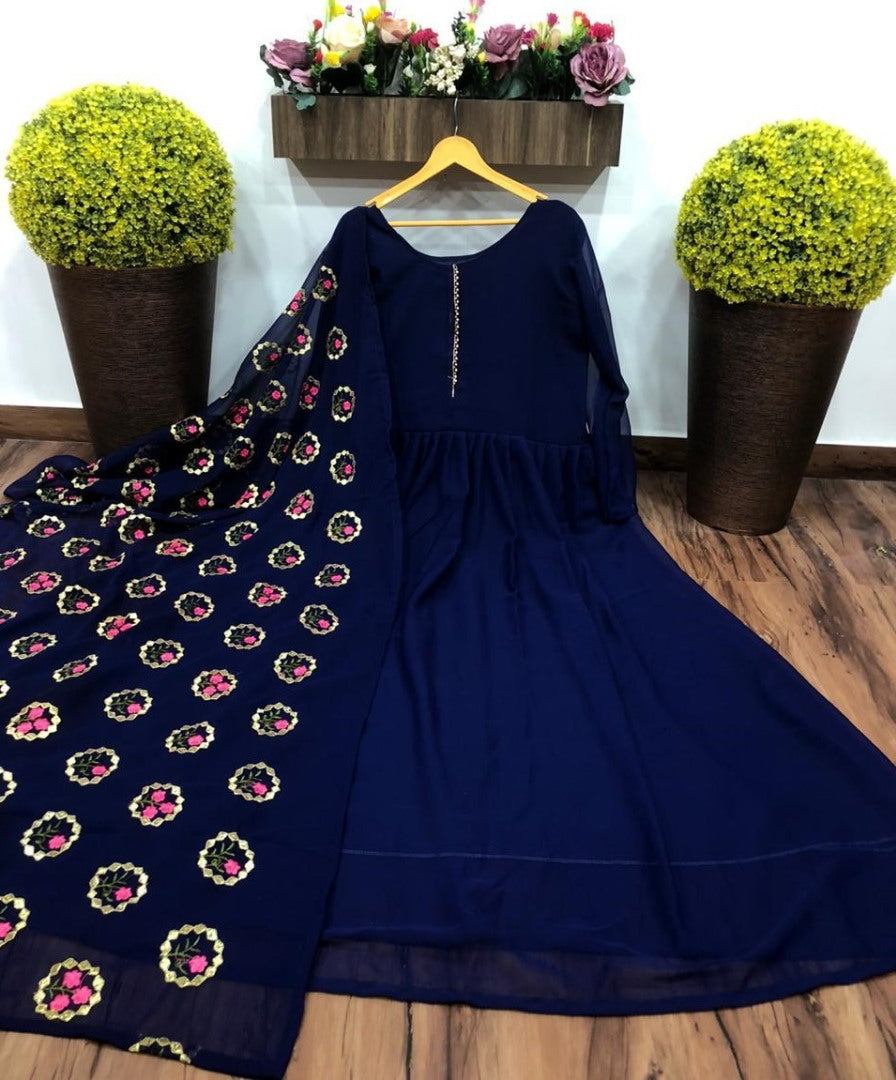 Blue georgette anarkali suit with heavy embroidered dupatta