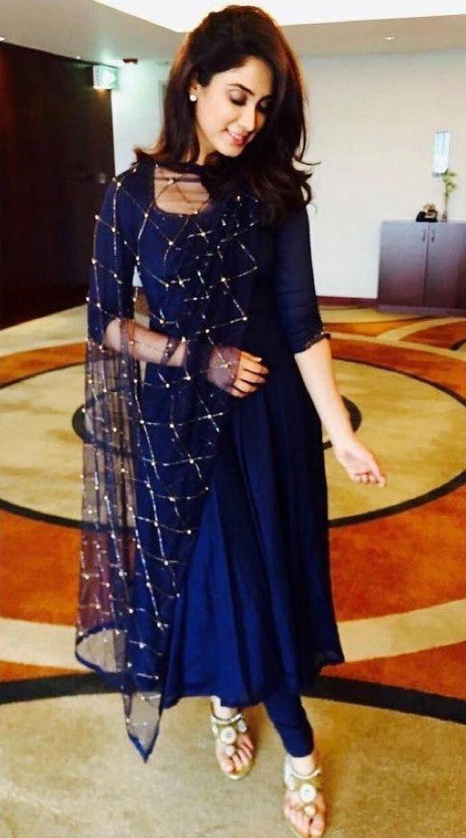 Blue georgette anarkali suit with sequence work dupatta