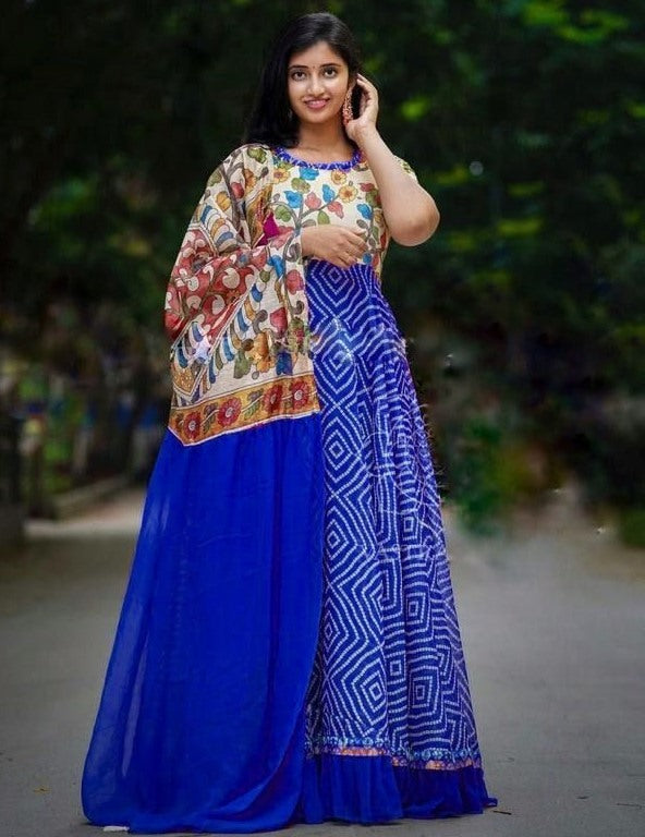 Blue georgette bandhni print long anarkali gown