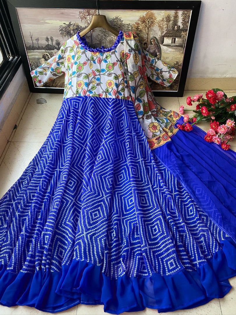 Blue georgette bandhni print long anarkali gown