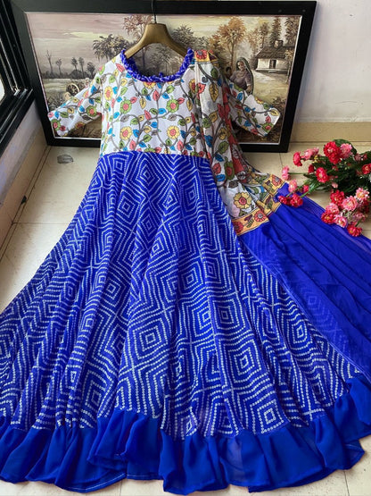 Blue georgette bandhni print long anarkali gown