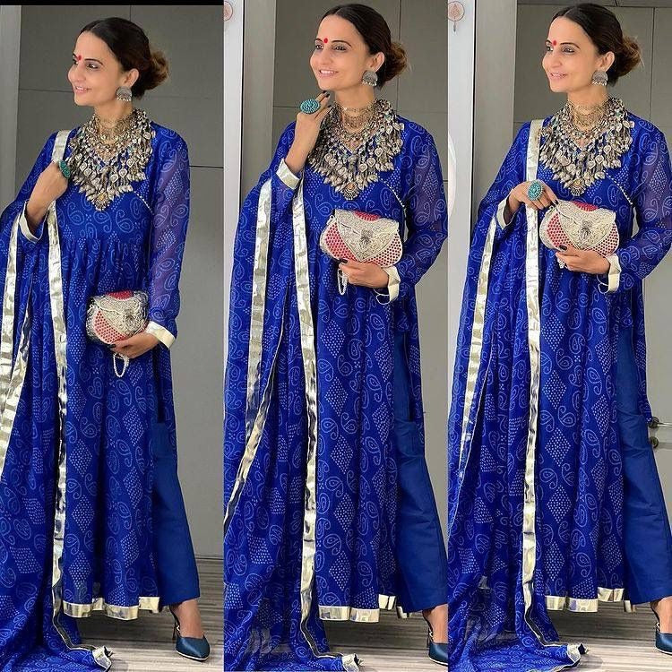 Blue georgette bandhni printed anarkali suit