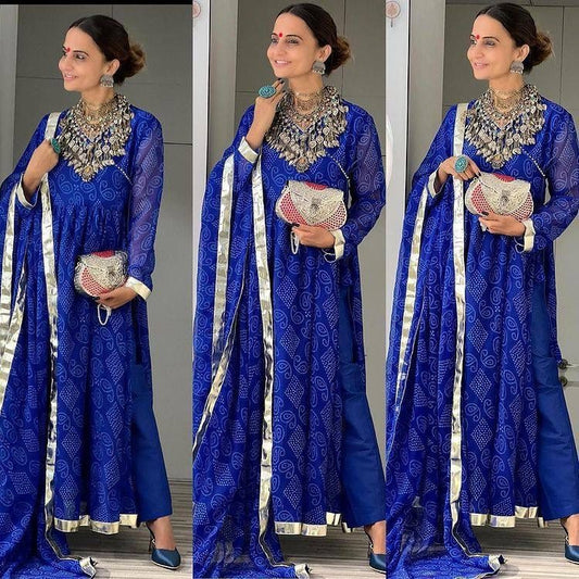 Blue georgette bandhni printed anarkali suit