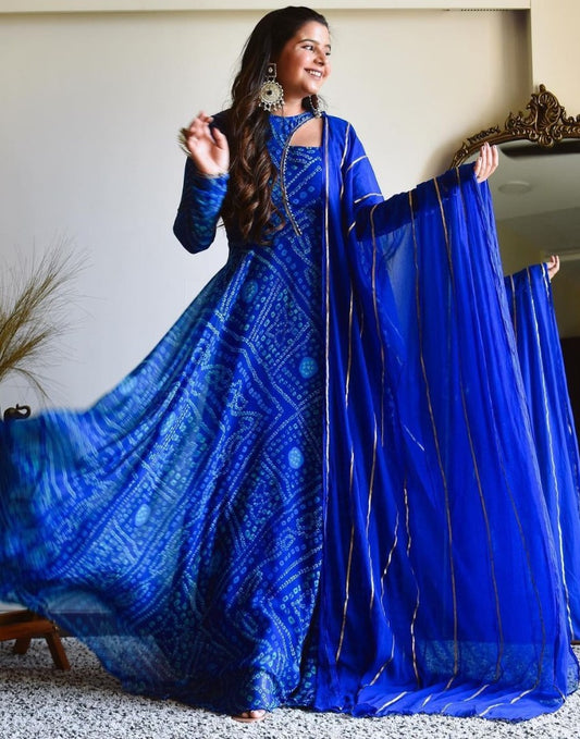 Blue georgette bandhni printed gown