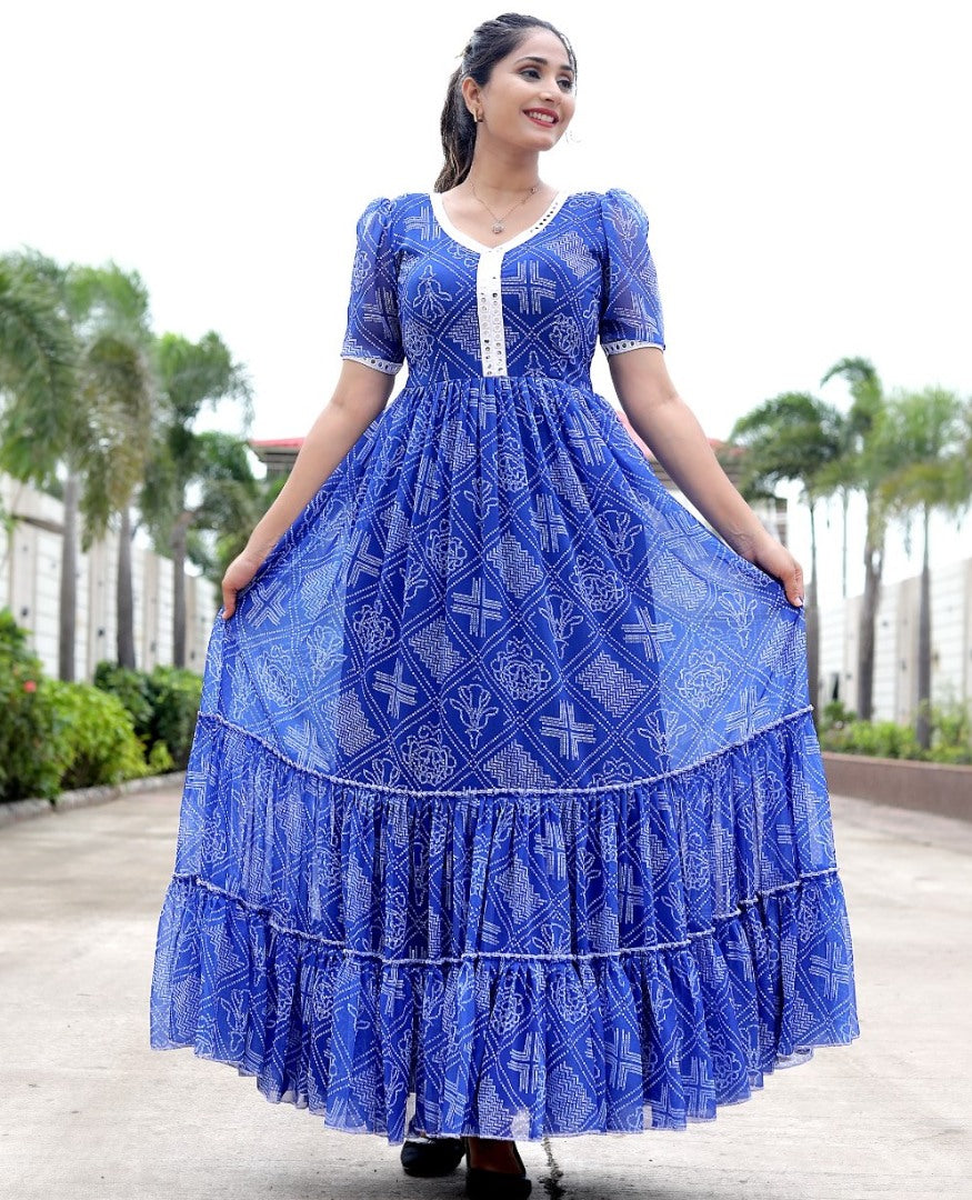 Blue georgette bandhni printed gown
